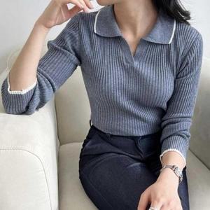 [오노마] ONM 브이넥 베이직 여자 카라 골지 니트 긴팔 티셔츠 여성