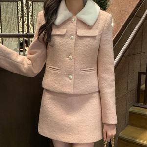  (카라탈부착가능/투웨이) 루디 퍼카라 자켓과 스커트 부클 트위드 셋업 st2363
