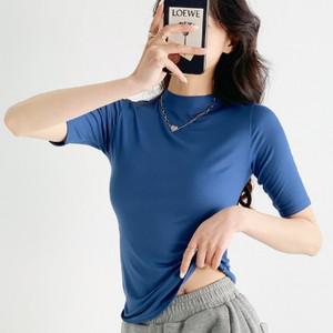 봄 가을 모달 여름 5부 터틀넥 찰랑 반목 얇은 이너 티 스판 소프트 반팔티 티셔츠 흰티 폴라