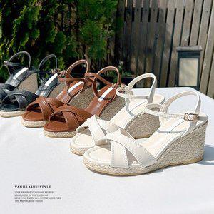 [바닐라슈] 여성 오하오 크로스탑 스트랩 우븐웨지힐 샌들(7cm)