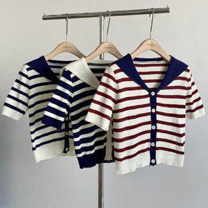 [신세계라이브쇼핑][옷자락] 여성 면혼방 세일러카라 단가라 반팔 니트 가디건