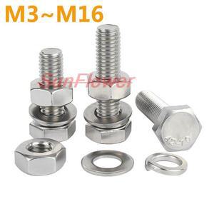 나사 10-1 개 304 스테인레스 스틸 육각 머리 너트 플랫 와셔 키트 볼트 세트 M3 M4 M5 M6 M8 M10 M12 M14