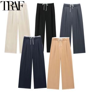 TRAF 여성 바지 헐렁한 넓은 바지 여성 사무복 주름 여성용 검은 바지 가을 캐주얼 하이 웨이스트 공식 바지