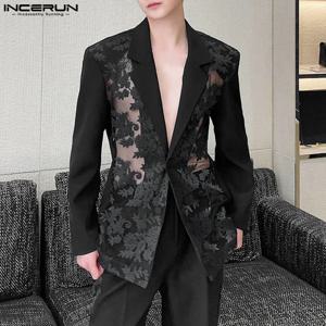 INCERUN 남성 블레이저 메쉬 패치 워크 레이스 투명한 옷깃 긴 소매 캐주얼 정장 남성 streetwear 2024 원 버튼 패션 코트