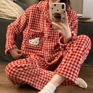 Kawaii Hellokitty 잠옷 소녀 탑 가을, 겨울 산호 벨벳 잠옷 붉은 격자 무늬 만화 바지 캐주얼웨어 홈 의류 세트