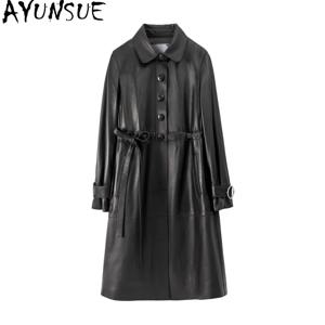 AYUNSUE 여성용 진짜 양가죽 재킷, 블랙 코트, 럭셔리 롱 코트, 트렌치 코트, 슬림핏, 카사코 2024, 가을