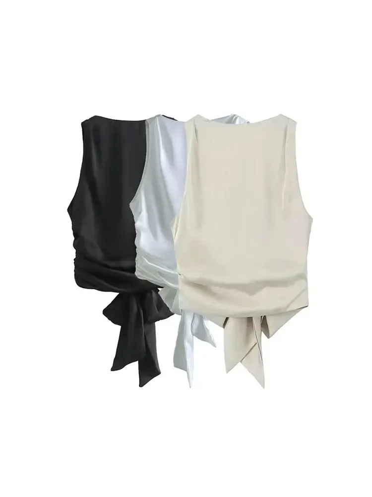 TRZA 여성 섹시한 패션 묶인 새틴 백 오픈 자르기 블라우스 O 넥 민소매 여성 셔츠 Blusas Chic Tops