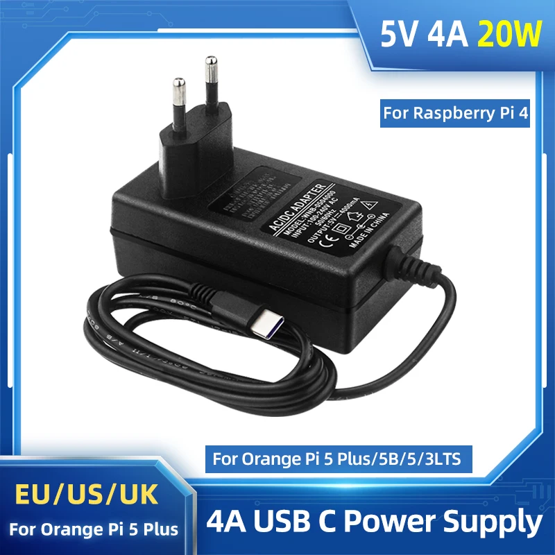 Orange Pi 5 Plus 전원 어댑터 5V 4A 충전기 20W USB 유형 C 전원 공급 장치 OPI 5/5B/4 LTS Raspberry Pi 4B 용 EU 미국 영국 플러그