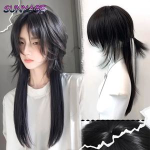 SUNYAGE Black Mullet Head 가발 (Bangs 포함) 긴 합성 스트레이트 남성 여성 애니메이션 코스프레 헤어 가발 데일리 파티