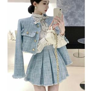 고품질 술 디자인 2 피스 세트 여성 트위드 가을 새로운 솔리드 의상 긴 소매 짧은 자켓 코트 + 플리츠 스커트 정장
