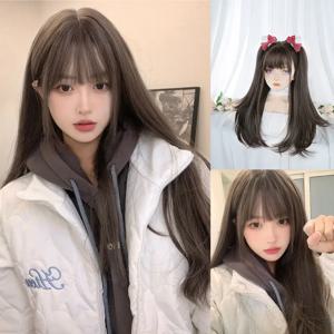 여성용 내추럴 스트레이트 헤어 가발, 앞머리 포함, 24 인치 콜드 다크 브라운 합성 가발, 데일리 사용, 코스프레 내열성 로리타