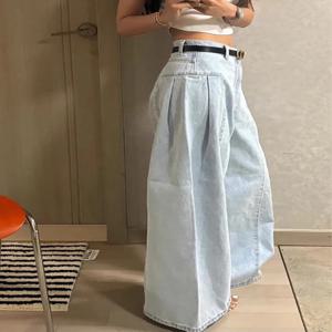 봄 신상 시크 하이웨이스트 와이드 레그 데님 청바지 여성 스트레이트 롱 팬츠 워싱 디자인 슬리밍 효과 사계절 범용