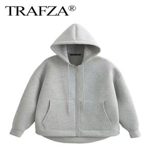 TRAFZA 가을 여성 그레이 자켓 후드 긴 소매 큰 주머니 지퍼 자켓 코트 여성 루즈 캐주얼 아우터 코트 탑스