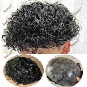내구성 전체 피부 PU 남성 머리 보철물 100% 인간의 머리카락 자연 헤어 라인 25mm 곱슬 남성 Toupee 가발 교체 시스템 장치