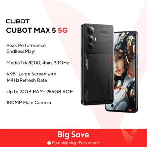 CUBOT MAX 5 안드로이드 스마트폰 5G, 디멘시티 8200, 6.95 인치 144Hz 대형 화면, 24 + 256GB, 게임용 휴대폰, 장바구니에 담기