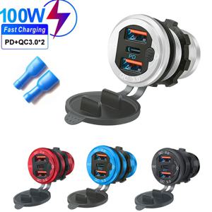 듀얼 USB 차량용 충전기 소켓, LED 터치 스위치, 고속 충전, 자동차 모토 어댑터, 방수 C타입 포트, PD3.0 및 QC3.0, 12V, 24V