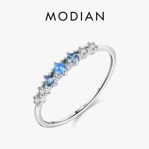 Modian 925 스털링 실버 간단한 쌓을 수있는 패션 얇은 손가락 반지 매력 여성을위한 블루 지르코니아 반지 웨딩 파인 쥬얼리