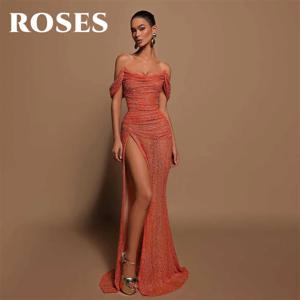 ROSES 오렌지 이브닝 원피스 스트랩리스 오프 숄더 인어 파티 원피스, 섹시한 사이드 하이 스플릿 플리츠 무도회 원피스