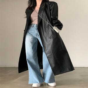 여성 Fahion Chic Black Long Trech 인조 가죽 자켓 여성 한국어 가을 2024 캐주얼 Pu 코트 여성 (hf1907