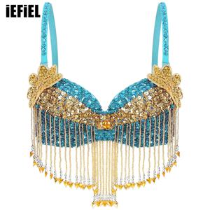 Womens Sequins 밸리 댄스 탑 반짝 이는 조절 가능한 스트랩 플라스틱 페르시 Tassels 할로윈 공연을위한 Underwired Bra