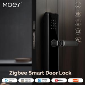 MOES Tuya ZigBee 스마트 도어 잠금 장치 실내 암호 지문 원격 잠금 해제 키 카드 탬퍼 알람 Alexa와 배터리 구동 작업