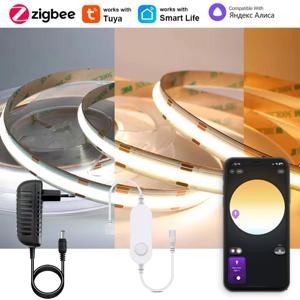 1M-5M Zigbee 3.0 CCT COB LED 스트립 DC 24V 이중 색상 LED 테이프 선형 2700K-6500KRA90 Smartthing Alexa 용 Tuya Zigbee Dimmable
