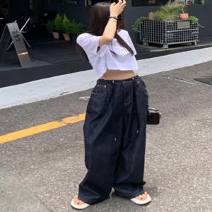 시크한 여름 빈티지 하이웨이스트 드로스트링 디자인 다용도 스트레이트 와이드 레그 진 롱 팬츠 여성 패션 2025년 봄
