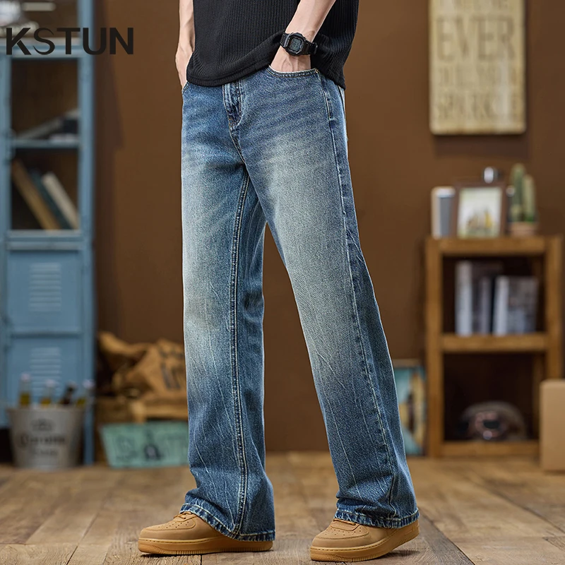 KSTUN 플레어 청바지 남성 부츠컷 데님 바지 streetwear 블루 아메리칸 스타일 남성 바지 전체 길이 벨 바닥 청바지 남성