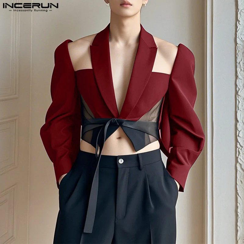 INCERUN 탑 2025 아메리칸 스타일 패션 남성 중공 패치 워크 레이스 디자인 정장 캐주얼 성격 자른 긴팔 블레이저