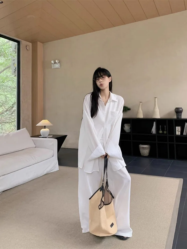세련된 린넨 와이드 레그 팬츠와 루즈핏 캐주얼 셔츠 여성 세트 2025년 봄 신상 편안한 레저 투피스 세트
