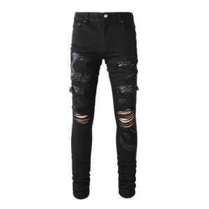 남성 뱀 자수 청바지 스키니 테이퍼 스트레치 데님 바지 streetwear 구멍 찢어진 가죽 패치 패치 워크 바지 블랙