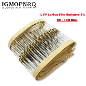100PCS 5% 1/4W 탄소 필름 저항기 1R-10M 1K 5K 10K 4K7 100K 560K 1M 3M3 옴 컬러 링 저항 10R 20R 47R 100R 150R 220R