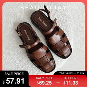 BEAUTODAY 여성용 검투사 샌들, 천연 암소 가죽, 단색 커버, 발가락 버클, 금속 장식, 여름 숙녀 플랫, 수제 32406