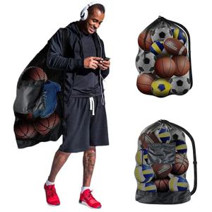 대형 메쉬 볼 가방 보관을위한 Drawstring 가방 축구 농구 배구 훈련 가방 어깨 끈이있는 검은 색 스포츠 가방