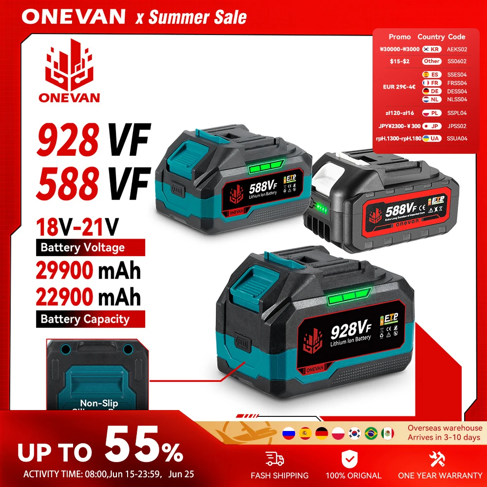 ONEVAN 22900mAh 29900mAh 충전식 배터리 리튬 이온 배터리 588VF 928VF 전기 렌치 전동 공구 21V 18VBattery