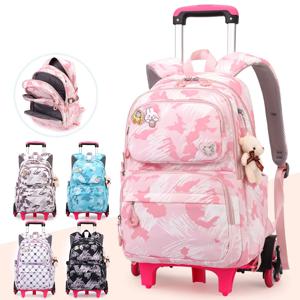 소녀를위한 학생 배낭 바퀴가있는 어린이 학교 가방 트롤리 배낭 귀여운 Schoolbag 롤링 바퀴 달린 배낭 책 가방