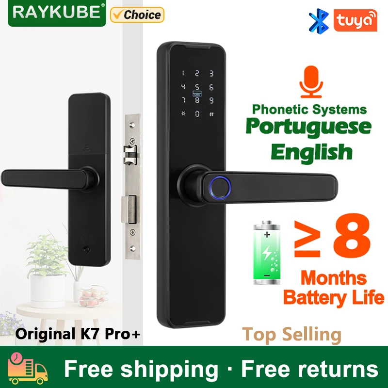 RAYKUBE 생체 인식 지문 도어 잠금 장치 K7 Pro + 스마트 잠금 장치 Tuya App 원격 잠금 해제 열쇠가없는 잠금 장치 전자 도어 잠금 장치