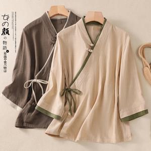 Tang 세트 여성용 개량 한푸 티 의류, 불교 의류, 젠 중국 탑, 여름