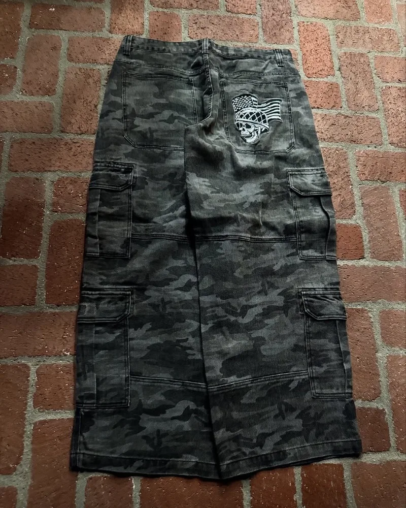2025 고딕 펑크 레트로 streetwear 헐렁한 y2k 청바지 남성 힙합 블랙 하이 웨이스트 와이드 레그 바지 해골 위장 카고 바지 여성