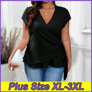 플러스 사이즈 여성용 여름 솔리드 컬러 V넥 티셔츠 XL-3XL 캐주얼 슬림핏 의류 심플 빅사이즈 출퇴근용 티셔츠