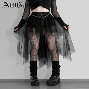 AltGoth 하라주쿠 고딕 메쉬 스커트 여성 사이버 펑크 Y2k E-girl 하이 웨이스트 불규칙 스커트 Emo Alternative Indie Clubwear 여성