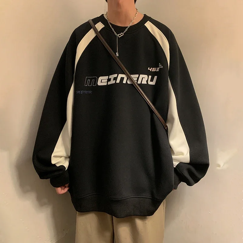American High Street 편지 인쇄 스웨트 남성 가을 대형 Colorblock 풀오버 후드 Y2K Vintage Sudaderas Para Hombres