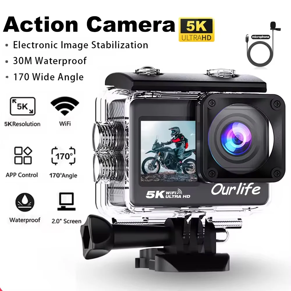 액션 카메라 5K 4K60FPS EIS Wi-Fi 듀얼 스크린 170D 2.0 인치 터치 스크린 30M 방수 스포츠 카메라(원격 제어 포함)