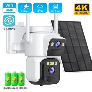 태양 전지 패널이 장착된 8MP 듀얼 렌즈 태양 WIFI 보안 카메라 컬러 나이트 비전 PIR 모션 감지 Ourdoor IP 카메라 O-KAM App