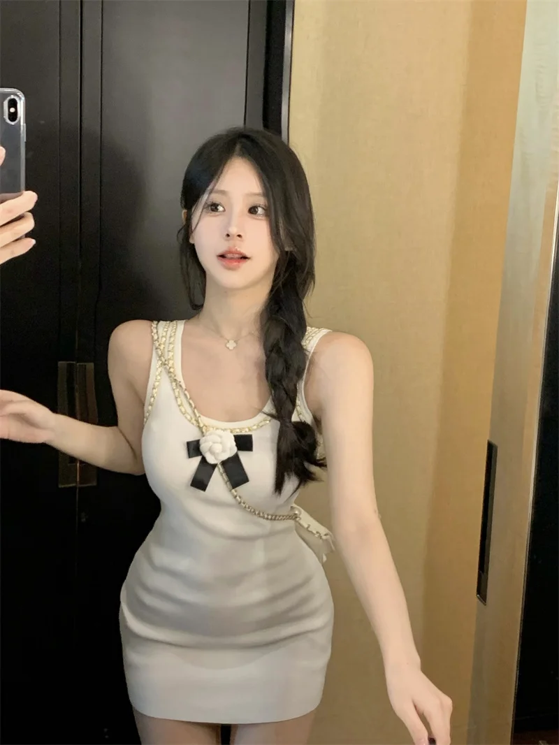 섹시한 니트 미니 드레스 여성 여름 작은 크기 순수한 욕망 매운 소녀 Bodycon Strapl 짧은 치마 한국 스타일 통근