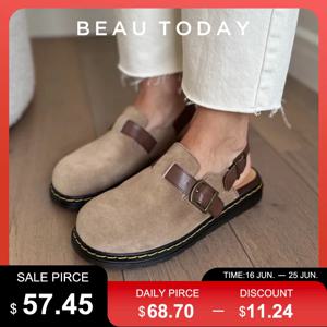 BEAUTODAY 여성용 야외 샌들, 진짜 암소 가죽, 라운드 토 백 벨트 스트랩 버클, 바느질 밑창, 숙녀 신발, 수제 32409