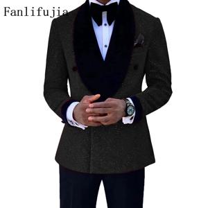 Fanlifujia 럭셔리 레드 반짝이 정장 남자 신랑 웨딩 턱시도 더블 브레스트 블레이저 정장 저녁 파티 댄스 파티 드레스 2 개 세트