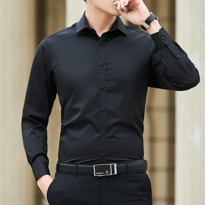 공식 비즈니스 남성 슬림 긴팔 셔츠 솔리드 컬러 오피스 드레스 셔츠 남성 가을 옷 블랙 화이트 핑크 블루