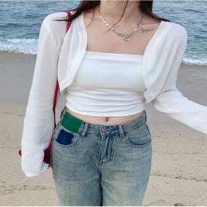 화이트 타이 업 2025 여름 카디건 여성 섹시한 긴 소매 쉬어 얇은 자르기 탑 여성 세련된 모든 경기 짧은 T 셔츠 Mujer