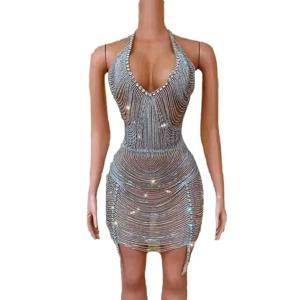 다이아몬드 홀터 로우 컷 블링링 프린지 미니 스커트 - 생일, 댄스 파티 무대 의상 드레스 Vestidos De Mujer Elegantes Para Fiesta